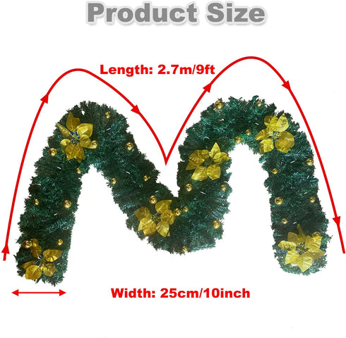 IronBuddy 9ft Lighted Christmas Garland Artificial Pine Garland with 30 LEDs 6 Flowers and 30 Ball Ornaments Mantle Garland Greenery Garland for Christmas Holiday Party Wedding Home Decor (Gold)