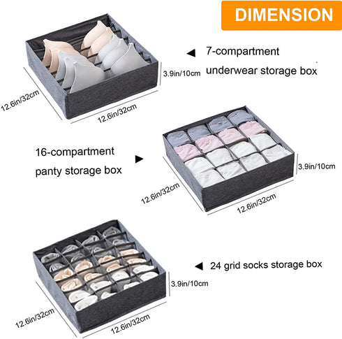 STYLIFING Bra Socks Underwear Organizer 3 Pack, Foldable Closet Organizer Drawer Soft Fabric Dresser Drawer Divider Bins for Bra Underwear Socks Ties Lingerie(Gray)