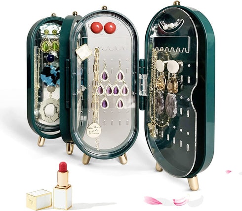 Earring Organizer Stand?4-Layer Small Foldable Dustproof Jewelry Holder with 153 Holes For Women Earrings, Earring Backs, Necklaces ,Display Jewelry Organizer-Green