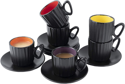 4 Ounce Espresso Set of 6 Cups with Saucers by Bruntmor - Demitasse Cups, Perfect for Espresso, Cappuccino, Coffee Latte (Matte Black)
