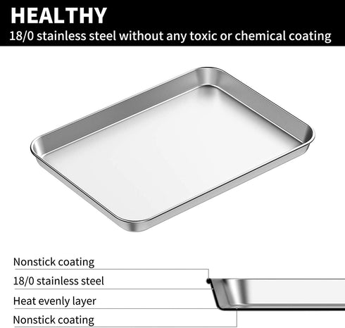 Baking Sheets 2 Pieces, Bastwe Cookie Sheets Set of 2 Stainless Steel Baking Pans Toaster Oven Tray Pans, Rectangle Size 12 × 10 × 1 inch, Rustproof & Healthy & Easy Clean & Dishwasher Safe