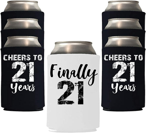 Veracco Finally 21 Cheers to 21 Years Twenty First Can Coolie Holder 21st Birthday Gift Party Favors Decorations (Black/White, 6)