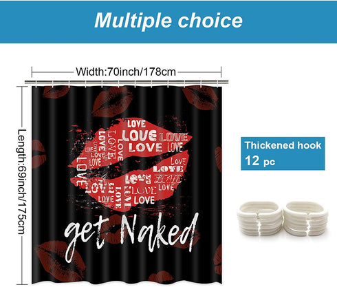 Basmaor Funny Get Naked Shower Curtain Red Lips Shower Curtain with 12 Hooks, Funny Bathroom Shower Curtain, Red and Black Bath Shower Curtain for Bathroom, 69" x 70" inches