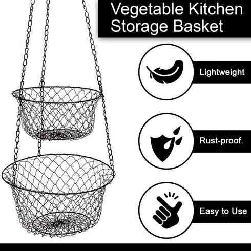 MALMO 3-Tier Wire Fruit Hanging Basket, Vegetable Kitchen Storage Basket, Iron Wire Black