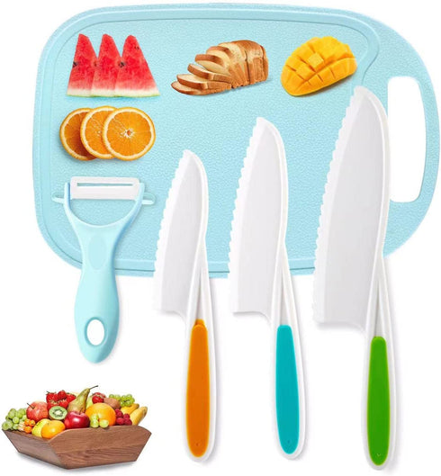 Kids Knifes Set,Nylon Knives Safe Baking Cutting Cooking Children's Beginners Cut Fruits Salad Veggies CakeFun Firm Grip Serrated Edges Friendly Childrens Knife With Cutting Board Peeler 5Pack blue
