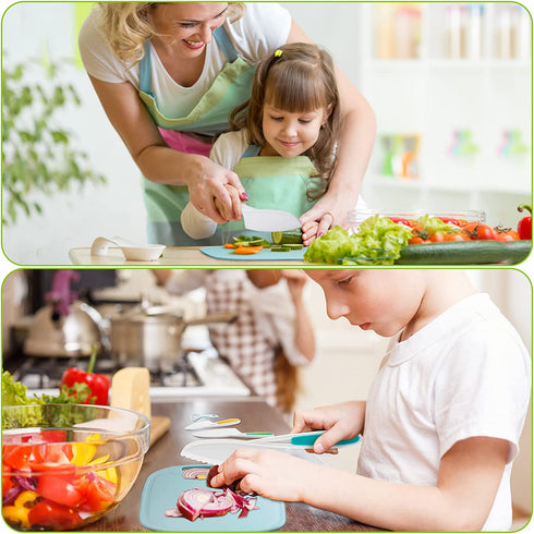 Kids Knifes Set,Nylon Knives Safe Baking Cutting Cooking Children's Beginners Cut Fruits Salad Veggies CakeFun Firm Grip Serrated Edges Friendly Childrens Knife With Cutting Board Peeler 5Pack blue