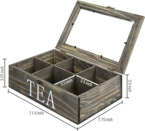 MyGift Vintage Gray Wood Tea Storage Box Organizer with 6 Compartments, Teabags and Condiments Chest with Lid with Latch