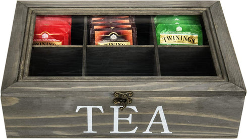 MyGift Vintage Gray Wood Tea Storage Box Organizer with 6 Compartments, Teabags and Condiments Chest with Lid with Latch