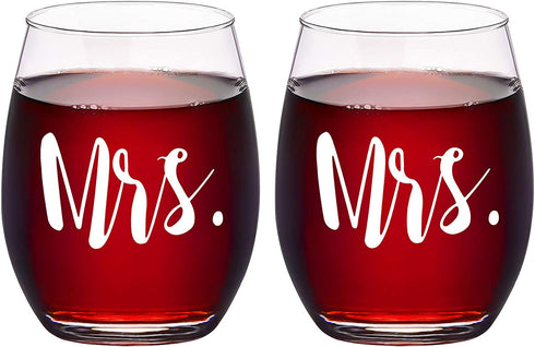 Modwnfy Mrs and Mrs Stemless Wine Glass Set of 2, Couple Set for Her Wife Girlfriend Lesbian Couple, Unique Gift Idea for Wedding Engagement Valentines Day Birthday Anniversary, 15 Oz