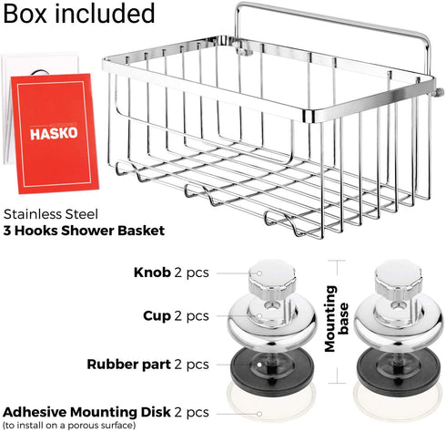 HASKO Accessories Vacuum Suction Cup Shower Caddy | Deep Basket Organizer for Shampoo with Hooks | Adhesive 3M Stick Discs | Holder for Bathroom Storage | Polished Stainless Steel SS304