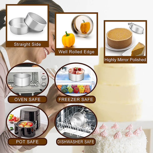 Deep Cake Pan Set of 3 (6 inch/8 inch/9½ inch), E-far Stainless Steel Round Layer Cake Baking Pans, Metal Tier Cake Tins for Wedding Birthday, Leak Proof & Straight Side, Non-toxic & Dishwasher Safe