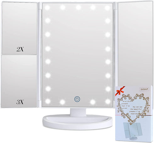 SHNAP Makeup Mirror with Lights, Touch Screen Vanity Mirror, 2X/3X Magnification, Dimmable 21Leds Trifold Mirror, Dual Power Supply, 180° Rotation, Portable Cosmetic Light Up Mirror with Gift Box