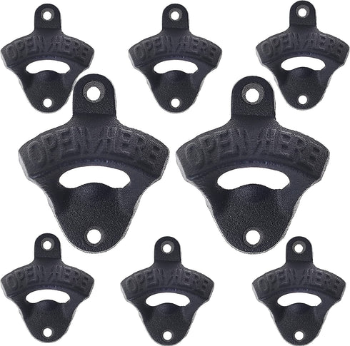 8 PCS Satin Black Cast Iron Beer Bottle Opener Wall Mounted Open Here Heavy Duty for Man Cave Farmhouse Bar with Screws
