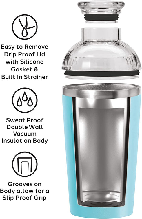 Oggi Groove Insulated Cocktail Shaker-17oz Double Wall Vacuum Insulated Stainless Steel Shaker, Tritan Lid has Built In Strainer, Ideal Cocktail Mixer, Martini Shaker, Margarita Shaker, Turquoise