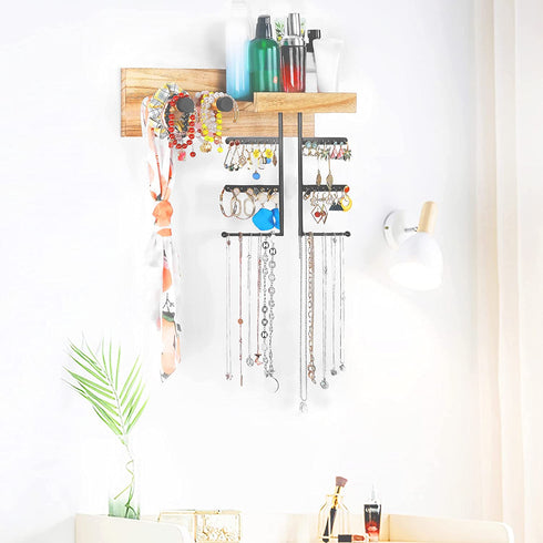 Nokgnoa Jewelry Organizer Wall Mounted Hanging Jewelry Organizer Display Rustic Wood Jewelry Holder with Large Capacity for Necklaces, Bracelet Earrings, Carbonized Black