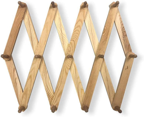 Expandable Wooden Coat Rack Hanger - Retro Wall Mounted Accordion Peg Rack - 13 Coat Hooks for Mugs, Hats, Bags - Business or Home Decor and Organization (Natural Wood)