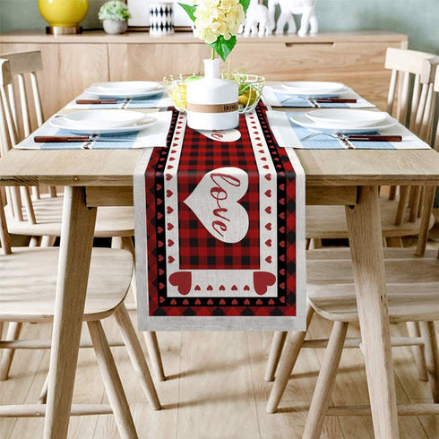 Farmhouse Kitchen Dinning Table Runner Dresser Scarves 13x70inch Valentine's Day Love Heart Red Buffalo Check Plaid Burlap Linen Table Runners for Indoor&Outdoor Dinner Gathering Party