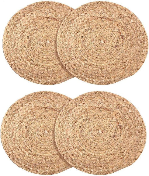 WENFOME 4 Pack Round Woven Placemats - 11.8inch Natural Wicker Placemats, Water Hyacinth Straw Braided Tablemats, Rattan Tablemats Rustic Chargers Weave Placemats for Dining Table