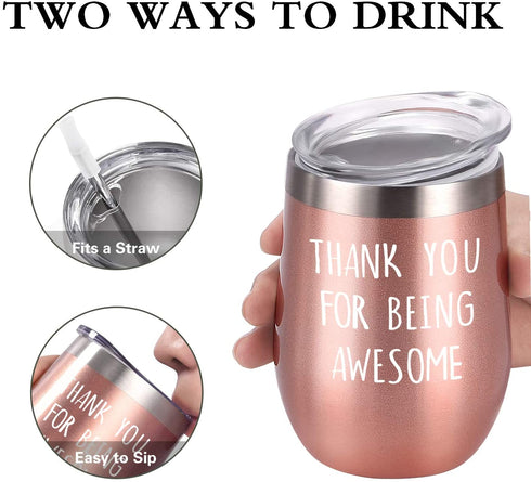 Thank You for Being Awesome Wine Tumbler, Birthday Christmas New Job Promotion Friendship Gift for Women Friend Coworkers Sisters, 12 Oz Stainless Steel Wine Tumbler with Sayings for Women, Rose Gold