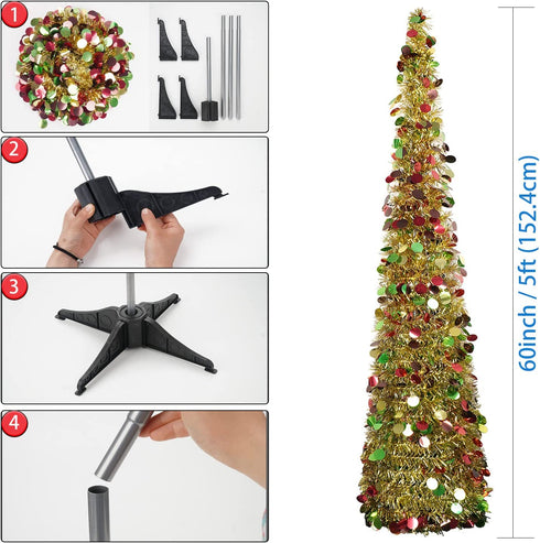Artificial Christmas Tree,5ft Pop Up Pencil Tinsel Trees for Home Decorations Indoor Holiday Party WOKEISE(Colourful Gold)