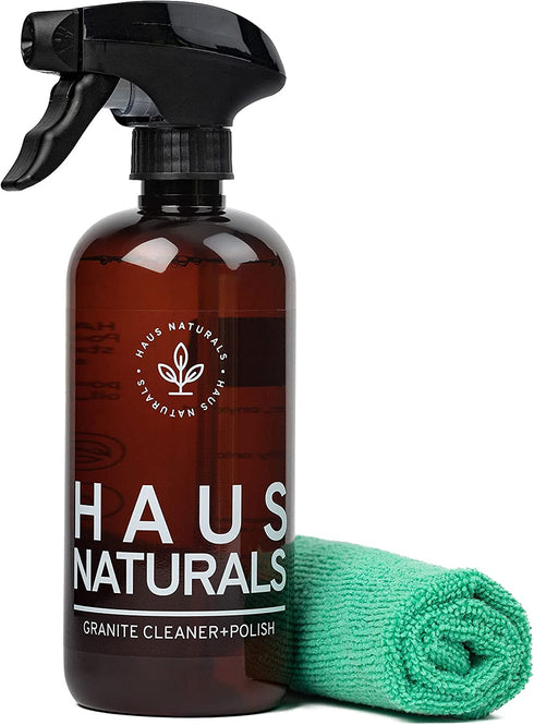 HAUS Naturals Granite Cleaner and Polish - Clean and Protect All Your Stone Surfaces. Eco-Friendly, Kids-Friendly, Animal-Friendly. Large Microfiber Cloth Included. 16 oz