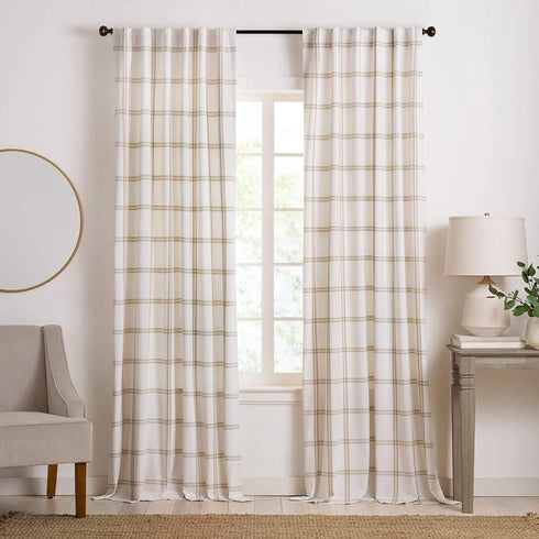 Elrene Home Fashions Farmhouse Living Double Windowpane Plaid Room-Darkening Window Curtain Panel, 52 in x 84 in (1 Panel), White/Linen