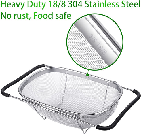 18/8 Stainless Steel Over The Sink Colander with Fine Mesh Strainer Basket & Expandable Rubber Grip Handles - Strain, Drain, Rinse Fruits, Vegetables