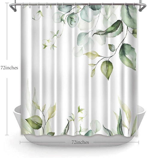 Green and White Shower Curtain Green Leaves Fabric Shower Curtains Botanical Themed Floral Shower Curtain for Bathroom Watercolor Leaf Shower Curtain Sets Waterproof with Hooks, 72? X 72?