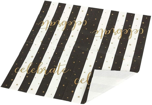 Black and Gold Striped Celebrate Plates, Napkins, Cups, and Cutlery (Serves 24, 144 Pieces)