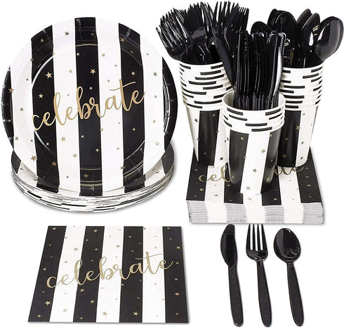 Black and Gold Striped Celebrate Plates, Napkins, Cups, and Cutlery (Serves 24, 144 Pieces)