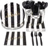 Black and Gold Striped Celebrate Plates, Napkins, Cups, and Cutlery (Serves 24, 144 Pieces)