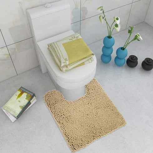 ITSOFT Non-Slip Shaggy Chenille Toilet Contour Bathroom Rug with Water Absorbent, 24 x 21 Inches U-Shaped Beige