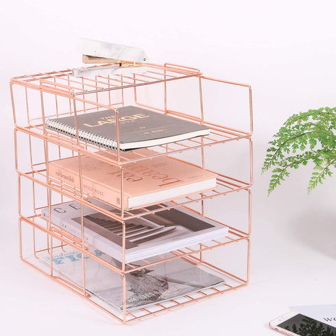 Hosaken Paper Tray, 4 Tier Stackable File Tray, Decorative Desk File Organizer Rack for Office Supplies and Accessories, 0.16Inch Thick Frame Rose Gold