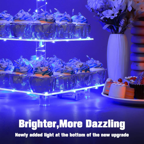 YestBuy 3 Tier Square Cupcake Stand - Premium Cupcake Holder - Acrylic Cupcake Tower Display - Cady Bar Party D©cor + LED Light String - Ideal for Weddings, Birthday Parties( Blue Light)