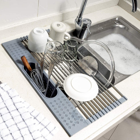 Koroda Roll Up Dish Drying Rack Over The Sink: 20'' x 11'' Large Dish Drying Rack with Utensil Holder Foldable Stainless Steel Dish Drainer for Kitchen Sink (Gray)