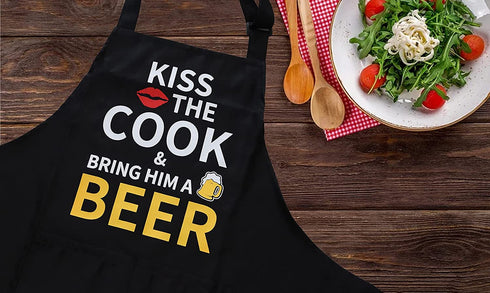 Funny Chef Aprons for Men with Pockets, Kiss the Cook Kitchen BBQ Cooking Dad Apron, Grill Gifts for Birthday Christmas Thanksgiving Fathers Day