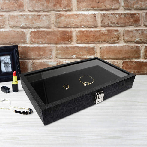 Ikee Design Leatherette Wooden Jewelry Display Case with Glass Top and Black Velvet Pad, Home Organization Storage Box, Wooden Jewelry Tray for Collectibles, 14.75"W x 8.25"D x 2.13''H
