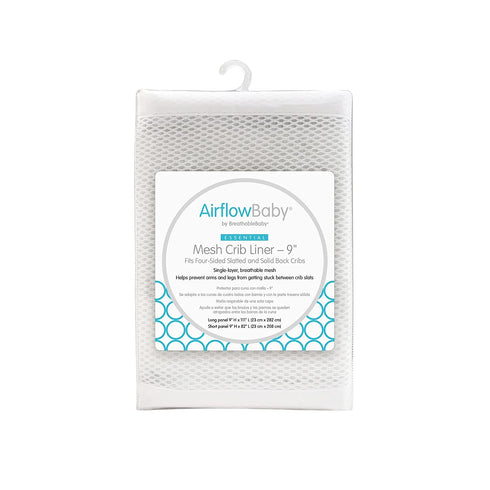 AirflowBaby Essential Mesh Crib Liner Essential Collection White 9? Fits Full-Size Four-Sided Slatted and Solid Back Cribs Anti-Bumper