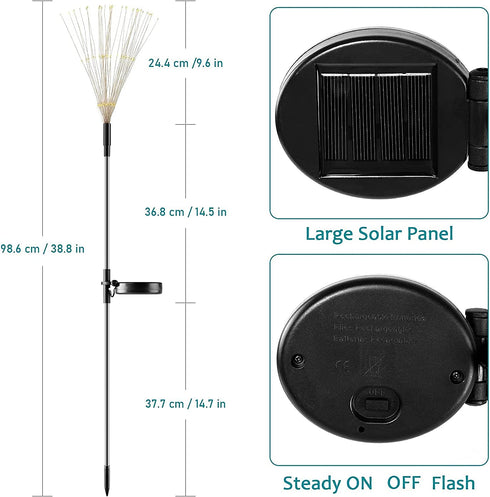 JJGoo Solar Garden Lights, 2 Pack 120 LEDs 2 Lighting Modes Waterproof Fireworks Light for Outdoor Patio Walkway Pathway Decorative - Warm White