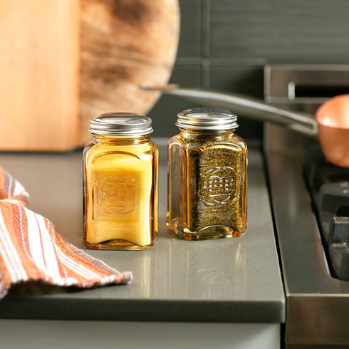 RSVP International Retro Glass Salt & Pepper Shaker | Stainless Steel Lids |, 8 oz, Amber