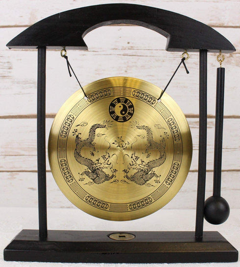 Mose Cafolo Zen Art Brass Feng Shui Desktop Table Gong, Dragon with Taiji Symbols, Makes Clear Sound, Collectible Figurines