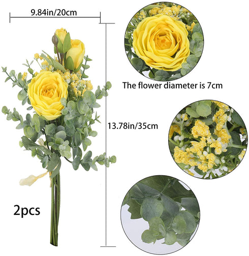 HUAESIN Fake Flowers 2 Pcs Artificial Rose Baby Breath Flowers Bouquet Yellow Plastic Eucalyptus Leaves for Wedding Bouquets Hotel Office Home Art Hall Garden Table Centerpieces Decor