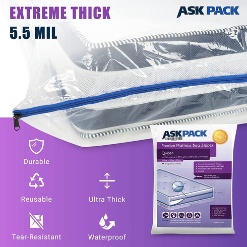 Queen - Mattress Bag Enhanced with Zipper 5.5 mil Extrem Thick for Moving & Long-Term Storage - Tear Resistant and Waterproof - Extrem Heavy Duty
