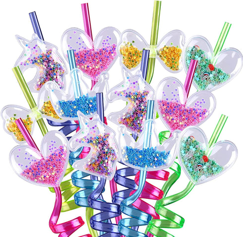 Glitter Straws for Party Favors - Glittery Straws for Kids Daughters Birthday Party Supplies Goodie Gift Bags, 20pcs Unicorn Heart Shaped Sparkly Reusable Straws for Girls Bday Pool Party Decorations