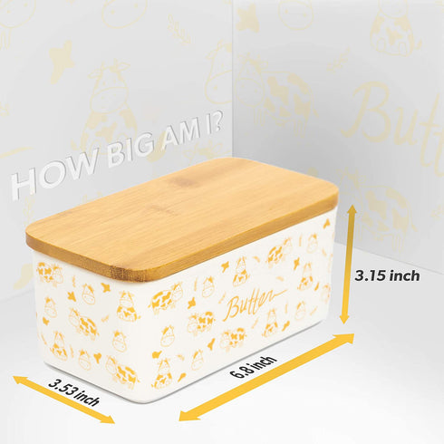 Lumicook porcelain butter dish with lid, Natural bamboo lid, seal included for airtight butter dish, butter holder easily fits 2 sticks of butter