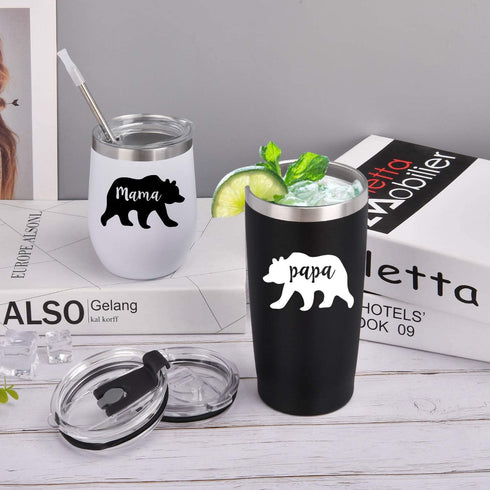 Gingprous Mama Bear, Papa Bear Set, Gifts for New Parents New Mom and New Dad Pregnancy Couples, Insulated Stainless Steel Wine Tumbler and Travel Tumbler with Lids(2 Pack, Black and White)