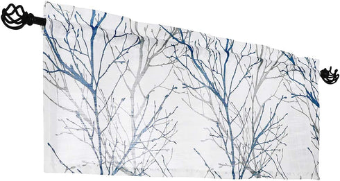 FMFUNCTEX Blue Kitchen Valance Curtain for Living Room Grey Branch Print on Linen Texture Look Window Valance for Bedroom 50" W x 18" L, 1 Panel, Rod Pocket