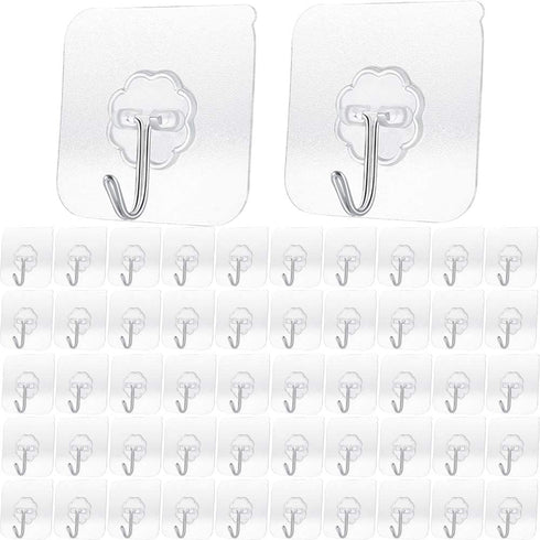 Adhesive Hooks, Transparent Reusable Utility Hooks Heavy Duty Wall Hooks 13lb(Max) Seamless Hooks Waterproof and Oil Proof for Kitchen Bathroom and Kitchen (50)