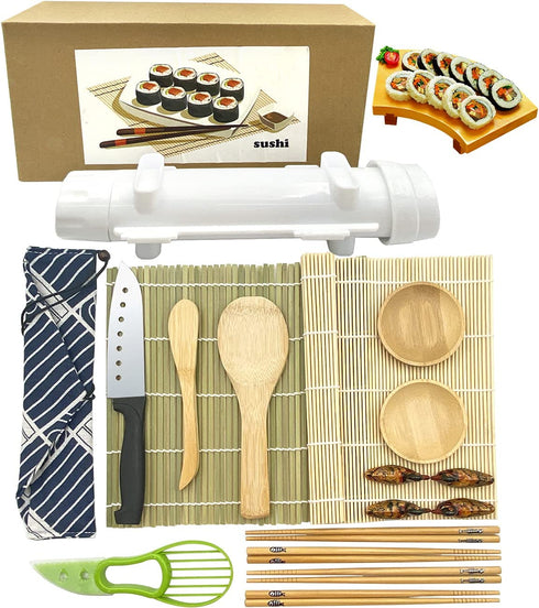 MOLAD 18 Pcs Sushi Making Kit For Beginners, Bamboo Sushi Mat, All In One Sushi Bazooka Maker with Bamboo Mats, Bamboo Chopsticks, Paddle, Sushi Knife, Chopsticks Holder, DIY Sushi Roller Machine