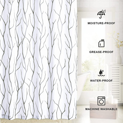 KGORGE Shower Curtains for Bathroom - Waterproof Tree Branches Pattern on White Curtains for Outdoor Swimming Pool Bathtubs Toilet, Grey, 72 x 72 inches Long, Hooks Included